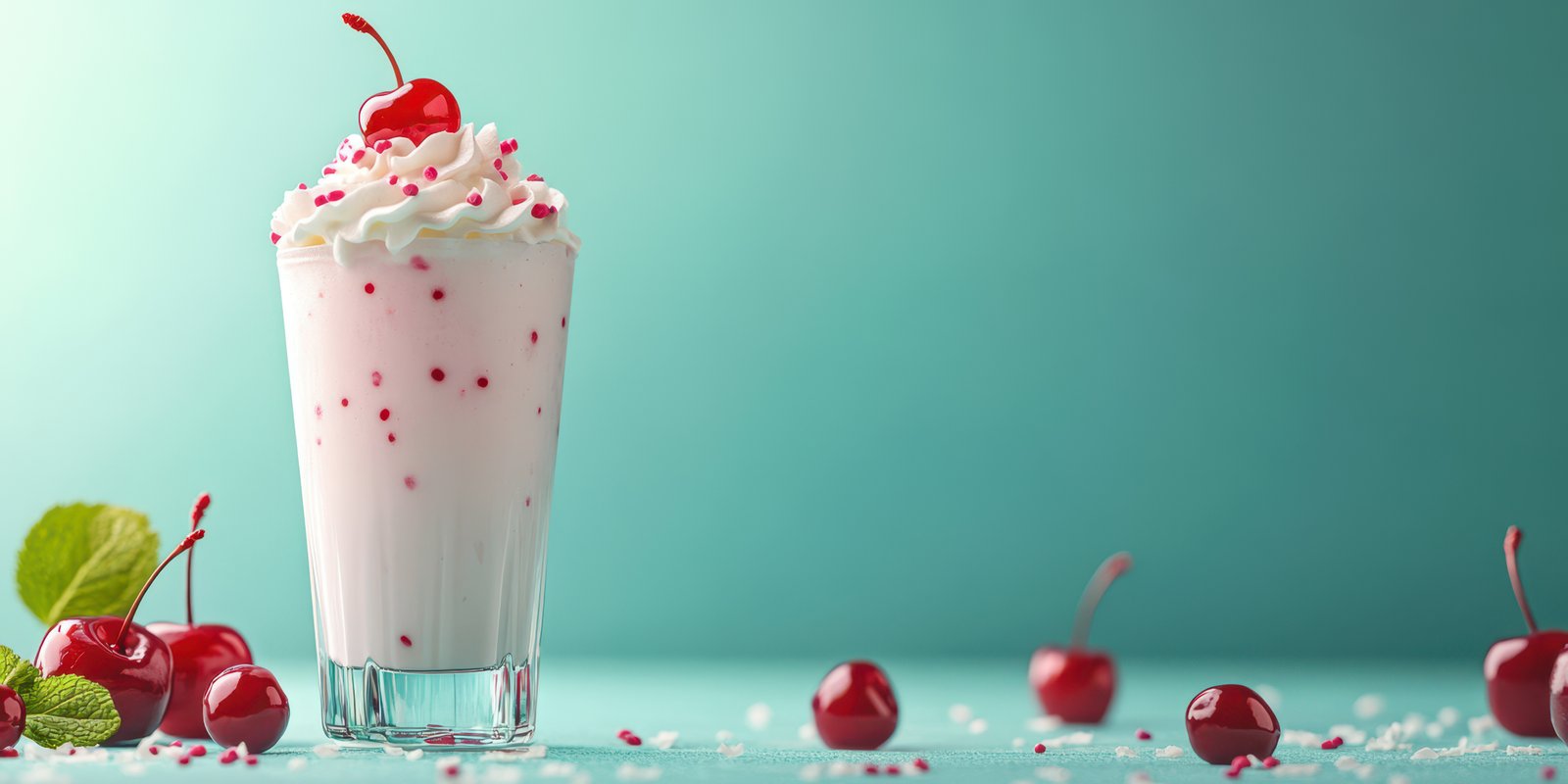 Delicious cherry vanilla milkshake with whipped cream and cherries on a mint green background